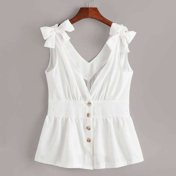 

Knot Strap Button Front Ruffle Hem Top, White