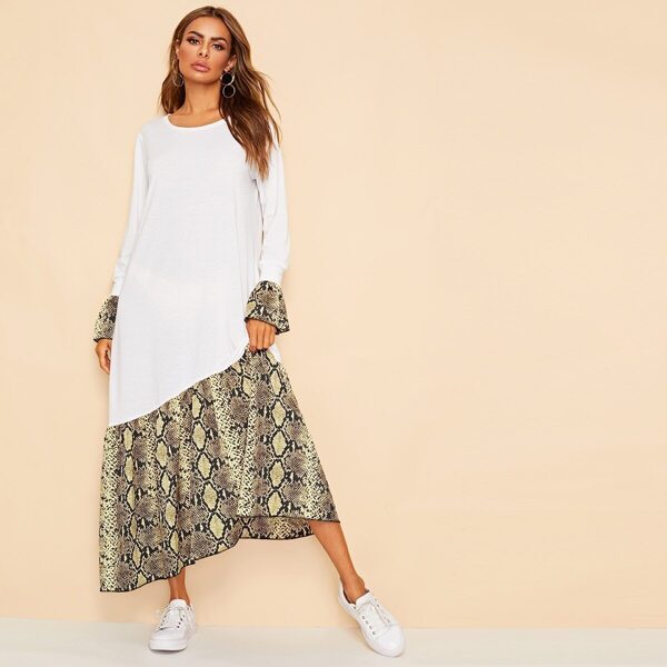 

Snake Skin Flounce Sleeve Asymmetric Hem Dress