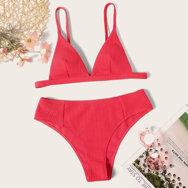 

Plunging Top With Textured Bikini Set