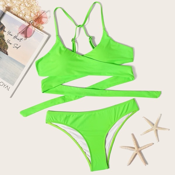 

Neon Lime Criss Cross Wrap Top With Panty Bikini Set