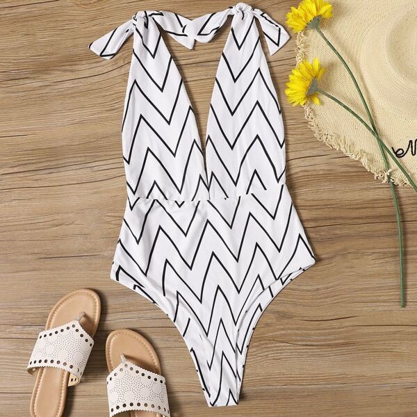 

Chevron Self Tie V-Plunge One Piece Swimsuit