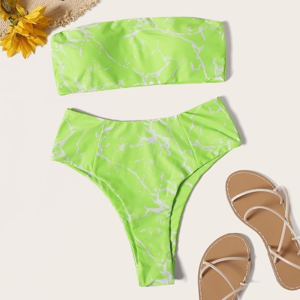

Marble Pattern Bandeau With High Waist Bikini, Green