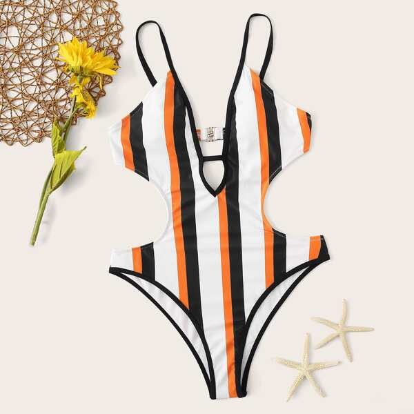 

Striped Open Back Cutout Waist Monokini