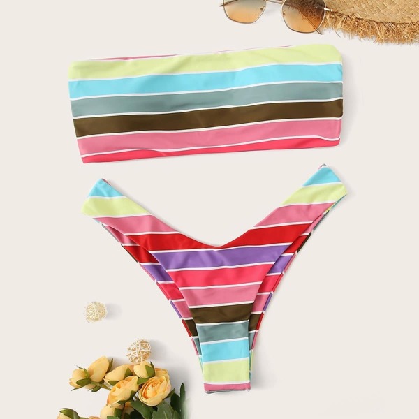 

Striped Ladder Cut Out Bandeau With High-leg Bikini, Multicolor