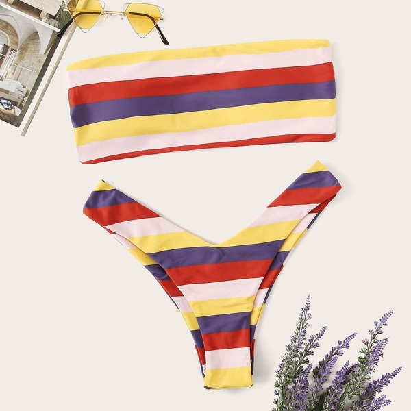

Striped Ladder Cut Out Bandeau With High-leg Bikini, Multicolor