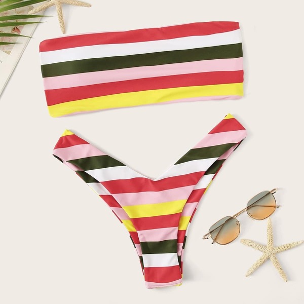 

Striped Ladder Cut Out Bandeau With High-leg Bikini, Multicolor