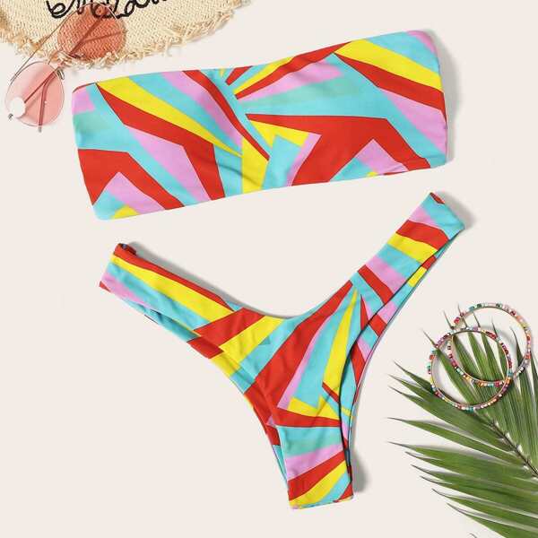 

Geo Print Ladder Cut Out Bandeau With High-leg Bikini, Multicolor