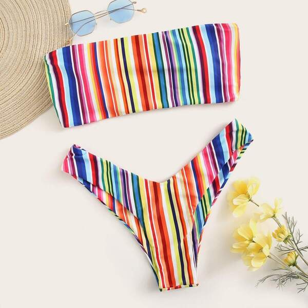 

Striped Ladder Cut Out Bandeau With High-leg Bikini