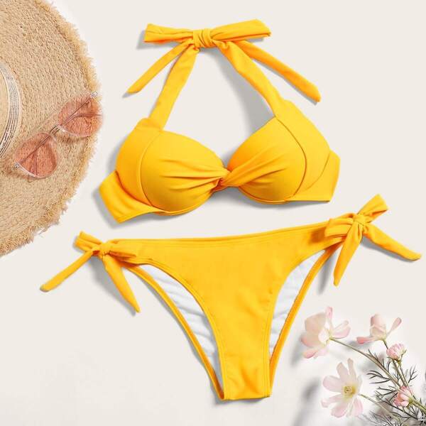 

Twist Halter Top With Tie Side Bikini Set, Yellow