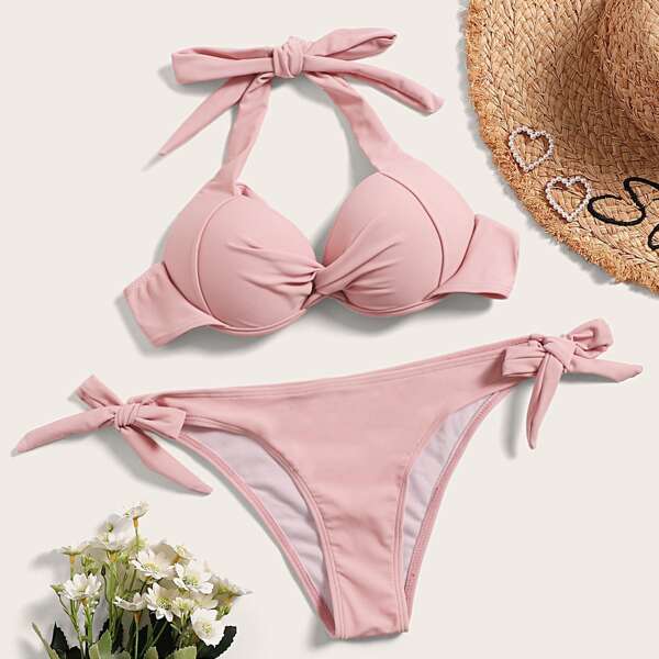

Twist Halter Top With Tie Side Bikini Set