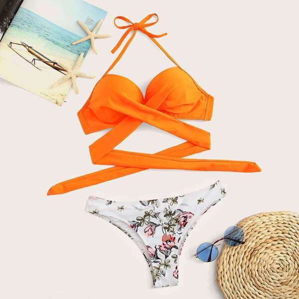 

Wrap Halter Top With Random Floral Bikini