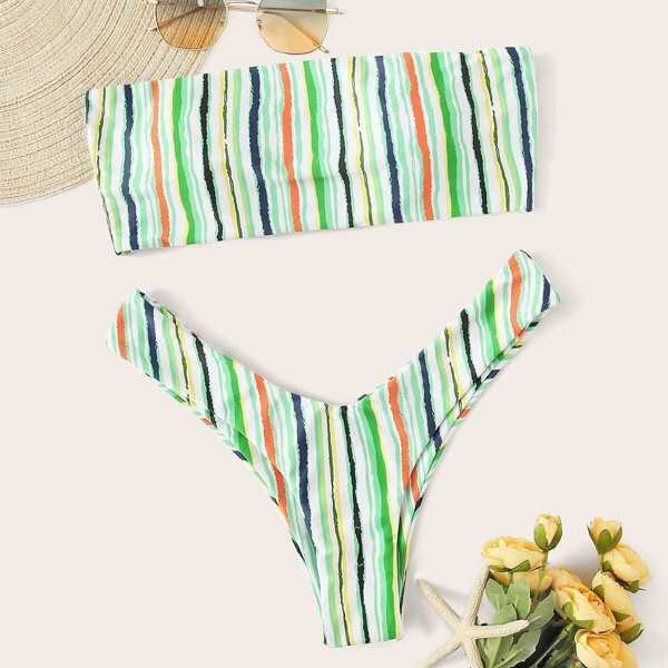 

Striped Bandeau With High Cut Bikini Set