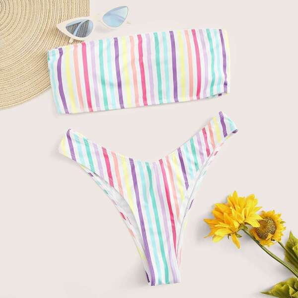 

Striped Bandeau With High Cut Bikini Set