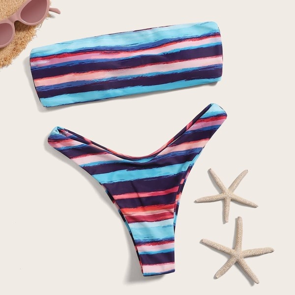 

Striped Bandeau With High Cut Bikini Set