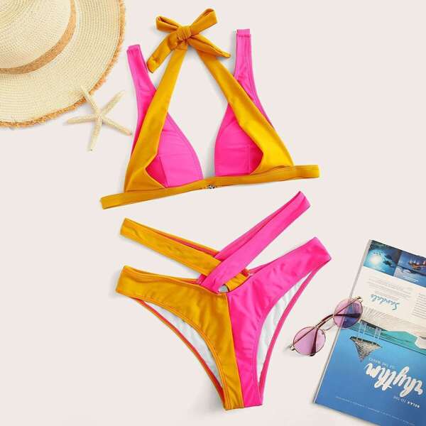 

Two Tone Triangle Top With Cut-out Bikini Set