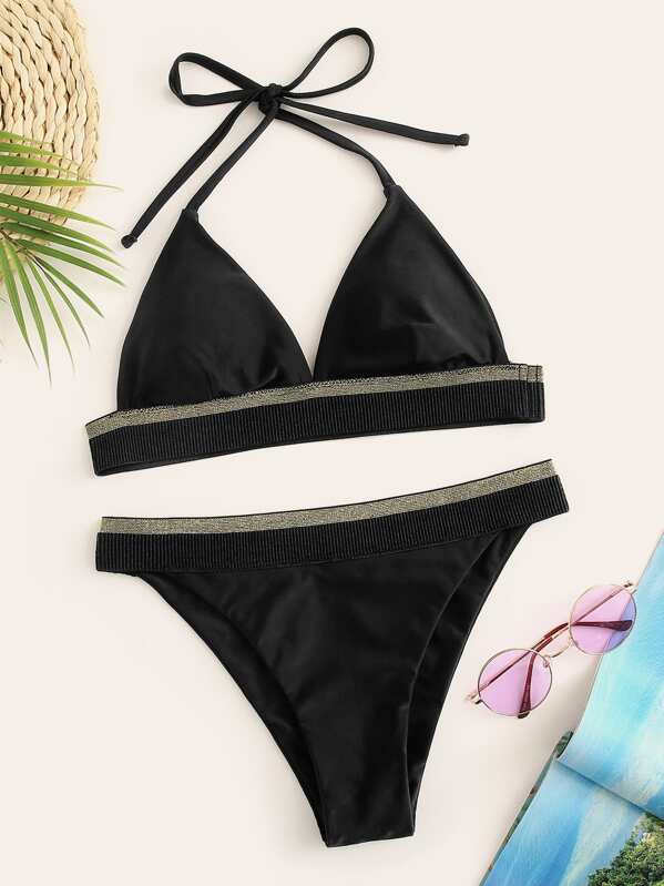 

Contrast Glitter Halter Bikini Set, Black