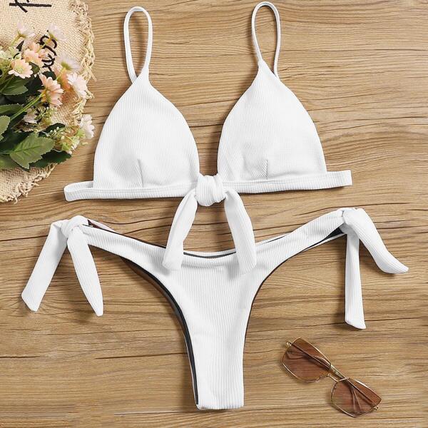 

Ribbed Triangle Top With Tie Side Bikini Set