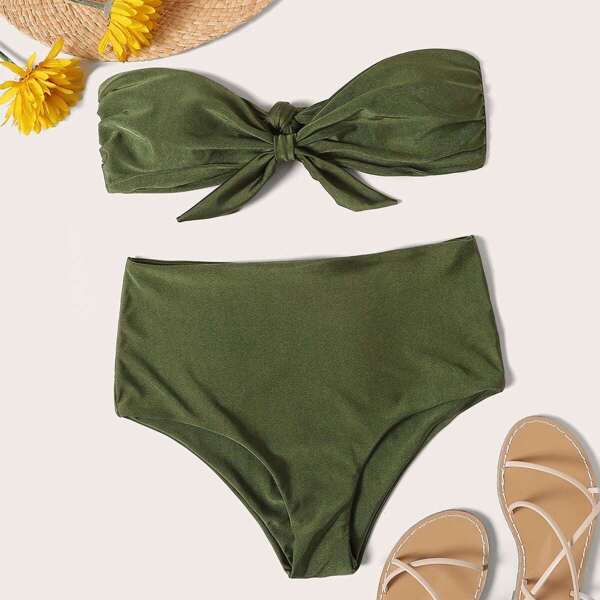 

Knot Front Bandeau With High Waist Bikini Set