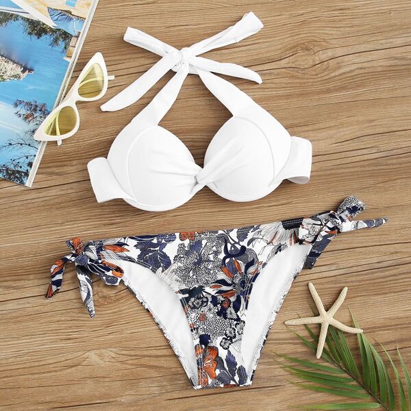 

Twist Halter Top With Random Floral Bikini Set, Multicolor