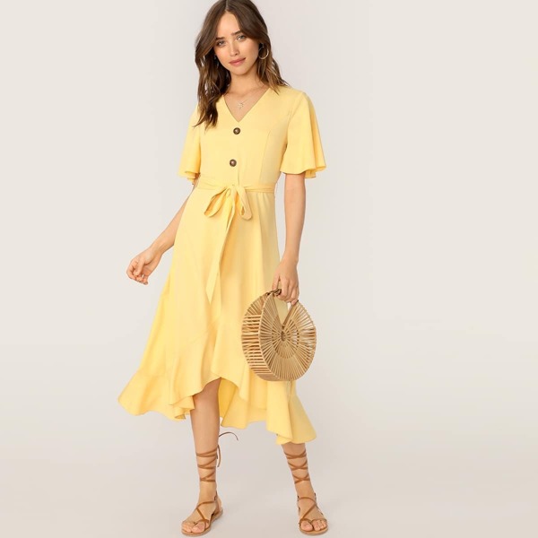 

Button Front Belted Ruffle Hem V-neck Dress, Yellow