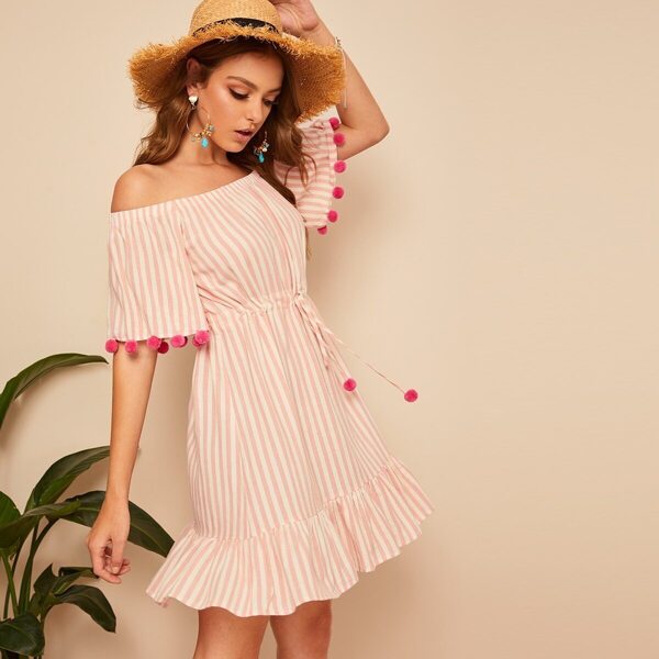 

Drawstring Waist Pom Pom Detail Stripe Bardot Dress, Baby pink