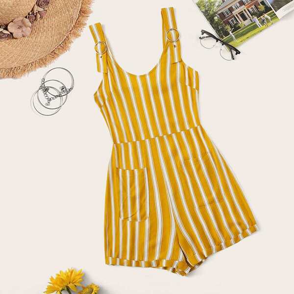 

O-ring Detail Roll Hem Striped Overalls, Yellow