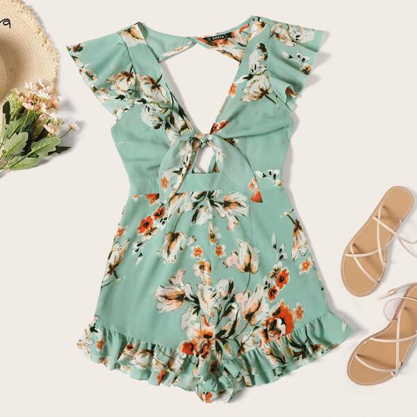 

Ruffle Hem Knotted Front Backless Floral Romper, Green