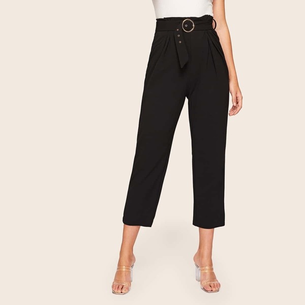 

Buckle Belted Solid Tapered Pants, Black