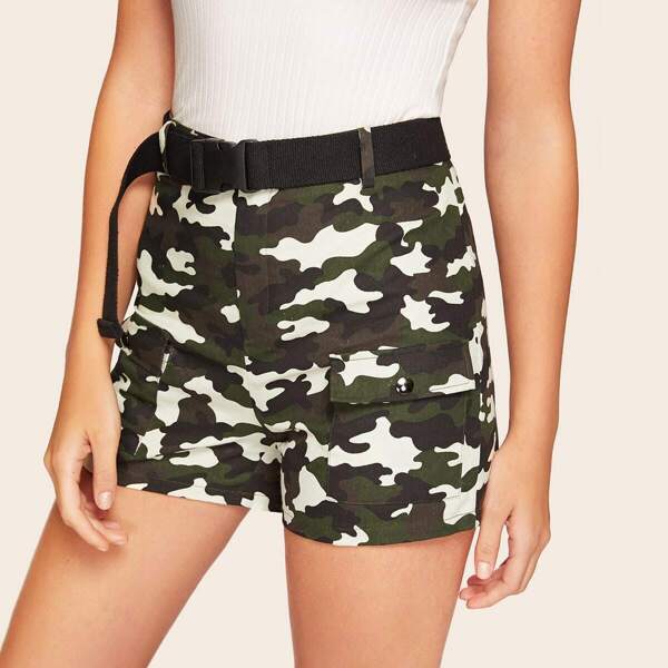 

Flap Pocket Camo Utility Shorts With Push Buckle Belt, Multicolor