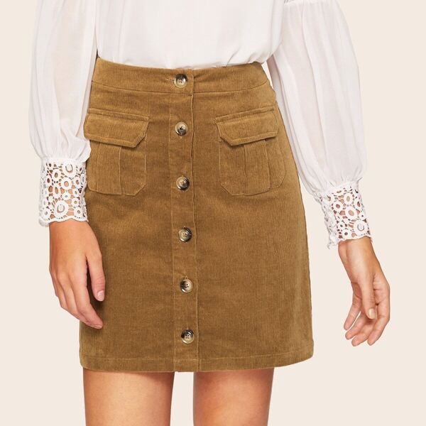 

Flap Pocket Front Button Up Cord Skirt
