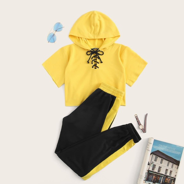 

Lace Up Crop Hoodie & Contrast Panel Sweatpants Set