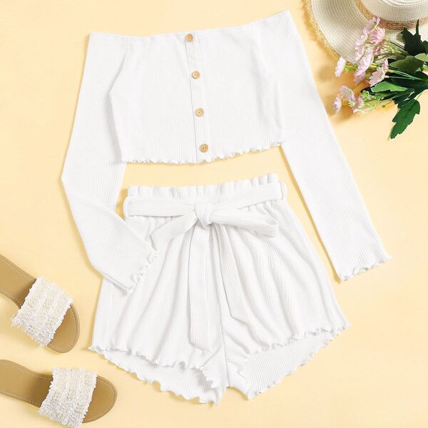 

Button Front Ribbed Off Shoulder Top & Belted Shorts, White