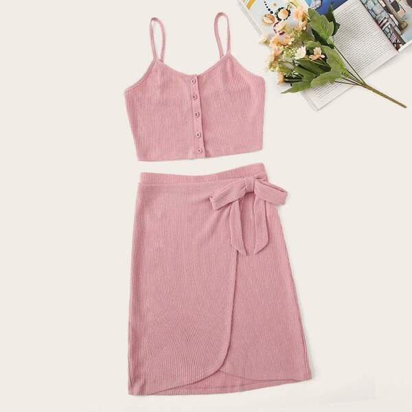 

Button Up Rib-knit Cami & Knotted Wrap Skirt Set