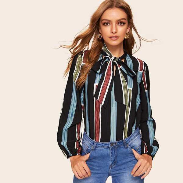 

Tie Neck Striped Blouse