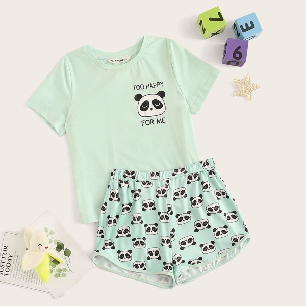 

Girls Panda & Letter Graphic Top & Shorts PJ Set, Green pastel