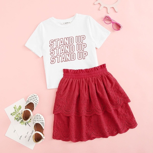 

Girls Letter Print Tee & Layered Ruffle Skirt Set, Multicolor