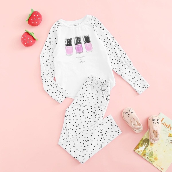 

Girls Nail polish Print Tee & Star Pants Set