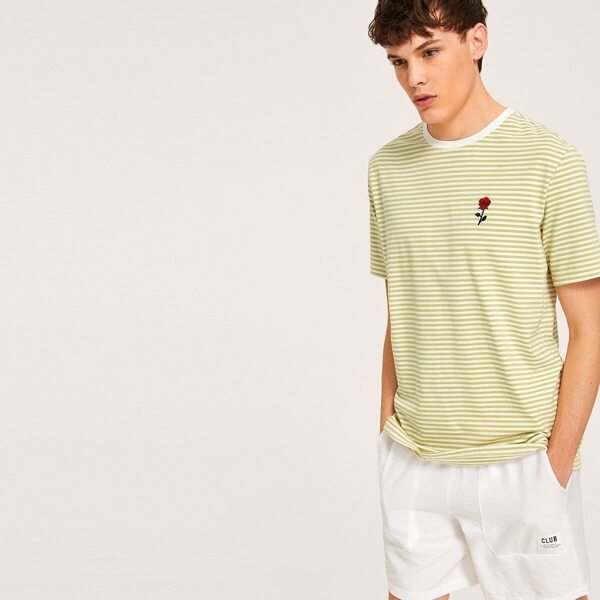 

Men Rose Embroidered Striped T-shirt