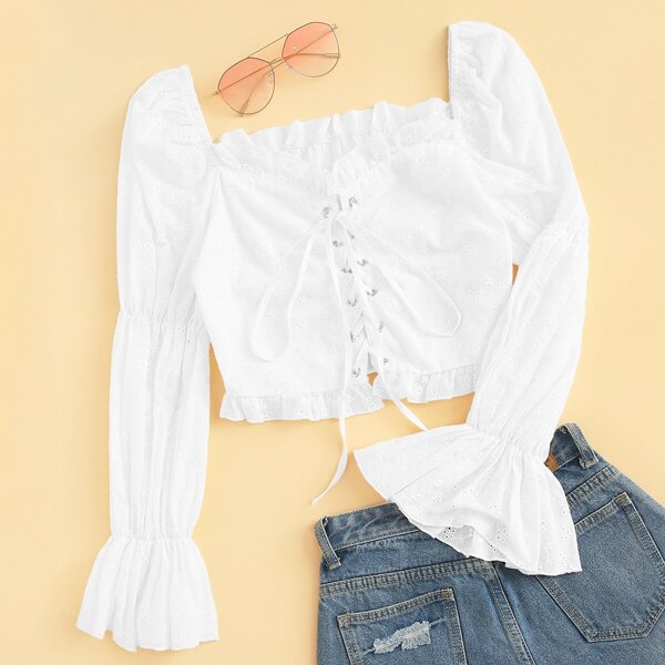 

Schiffy Eyelet Lace Up Crop Top, White