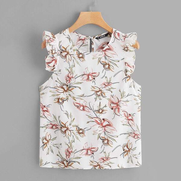 

Plus Keyhole Back Ruffle Trim Floral Print Top