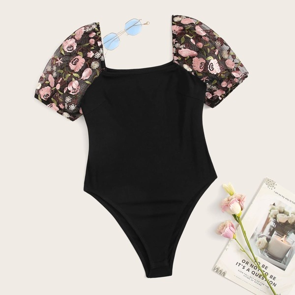 

Square Neck Embroidered Mesh Sleeve Bodysuit