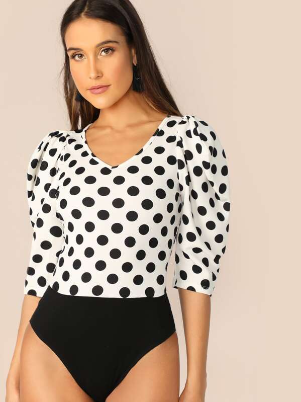 

Polka Dot Puff Sleeve V-neck Top, Black and white, Anna Herrin