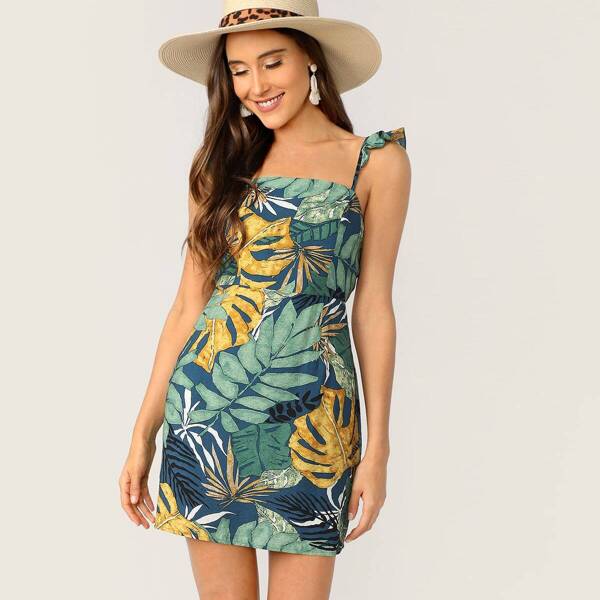 

Tropical Print Tie Back Ruffle Strap Dress, Multicolor