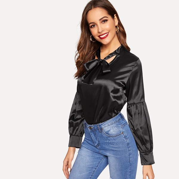 

Tie Neck Lantern Sleeve Satin Blouse