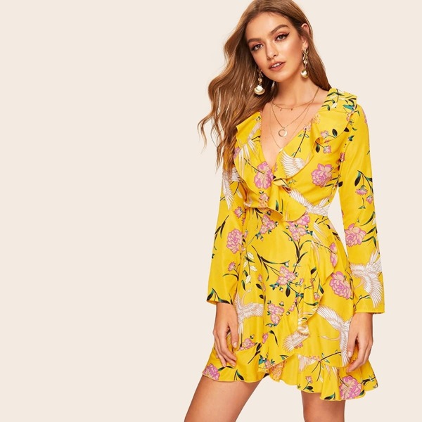 

Surplice Neck Floral Flounce Hem Dress