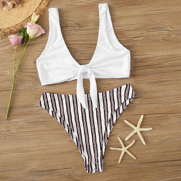 

Tie Front Top With Striped Bikini Set