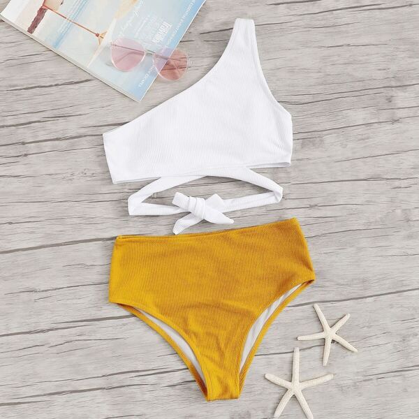 

Two Tone Ribbed One Shoulder Bikini Set, Multicolor