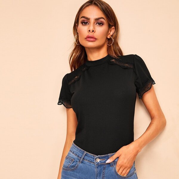 

Lace Applique Mock-neck Top