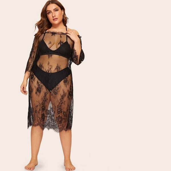 

Plus Floral Lace Off Shoulder Dress Without Lingerie Set, Black