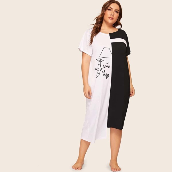 

Plus Abstract Face Print Colorblock Night Dress, Black and white